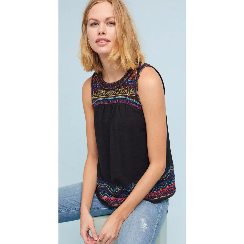 Akemi + Kin Anthropologie Mesa Embroidered Sleeveless CottonTop sz 4 Boho Beaded - Picture 2 of 10